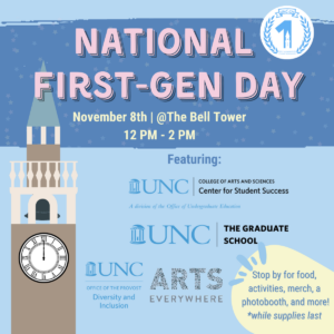 National First-Gen Day. November 8th at the Bell Tower, from 12PM to 2PM. Stop by for food, activates, merchandise a Photo Booth, and more! While supplies last. 