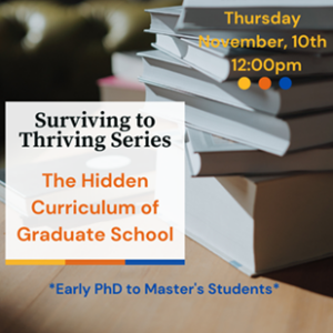 Surviving to Thriving Series: The Hidden Curriculum of Graduate School Flyer. Intended for mid to late PhD/ ABD (All But Dissertation) students. Hosted at the Graduate Student Center on Wednesday, November 16th from 12PM to 1:30PM.