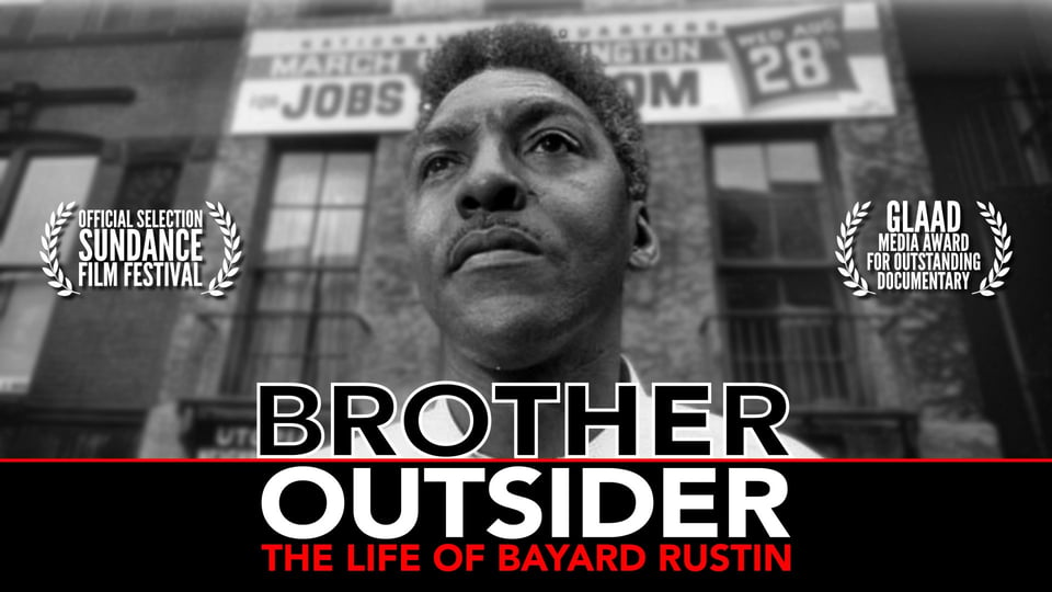Prolific black and white portrait of Bayard Rustin. Movie title: BROTHER OUTSIDER: THE LIFE OF BAYARD RUSTIN. Official selection from Sundance Film Festival and GLAAD Media Award for Outstanding Documentary.