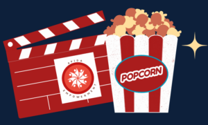 There is an illustration of a film marker and a bag of popcorn with red and white stripes. The background of this image is black with yellow stars. 