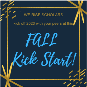 Navy with goldsplashes invite the reader to start 2023 off right by attending the fall kick start