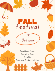 Tan Background with pumpkins, orange, yellow, and brown leaves, and apples. orange text says Fall Festival. Oct 18th.