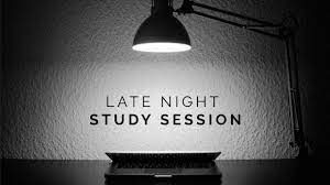 gray scale background with lamp and laptop. Caption "late night study session" sits in middle of image
