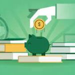 green background with three stacks of books. a white hand dropping a coin into a green piggy bank 
