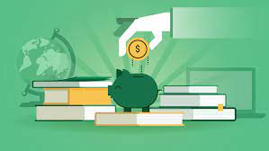 green background with three stacks of books. a white hand dropping a coin into a green piggy bank