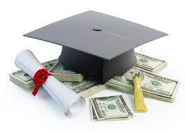 white background with graduate cap and diploma siting on money