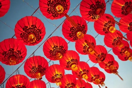Rows of red lanterns in the sky