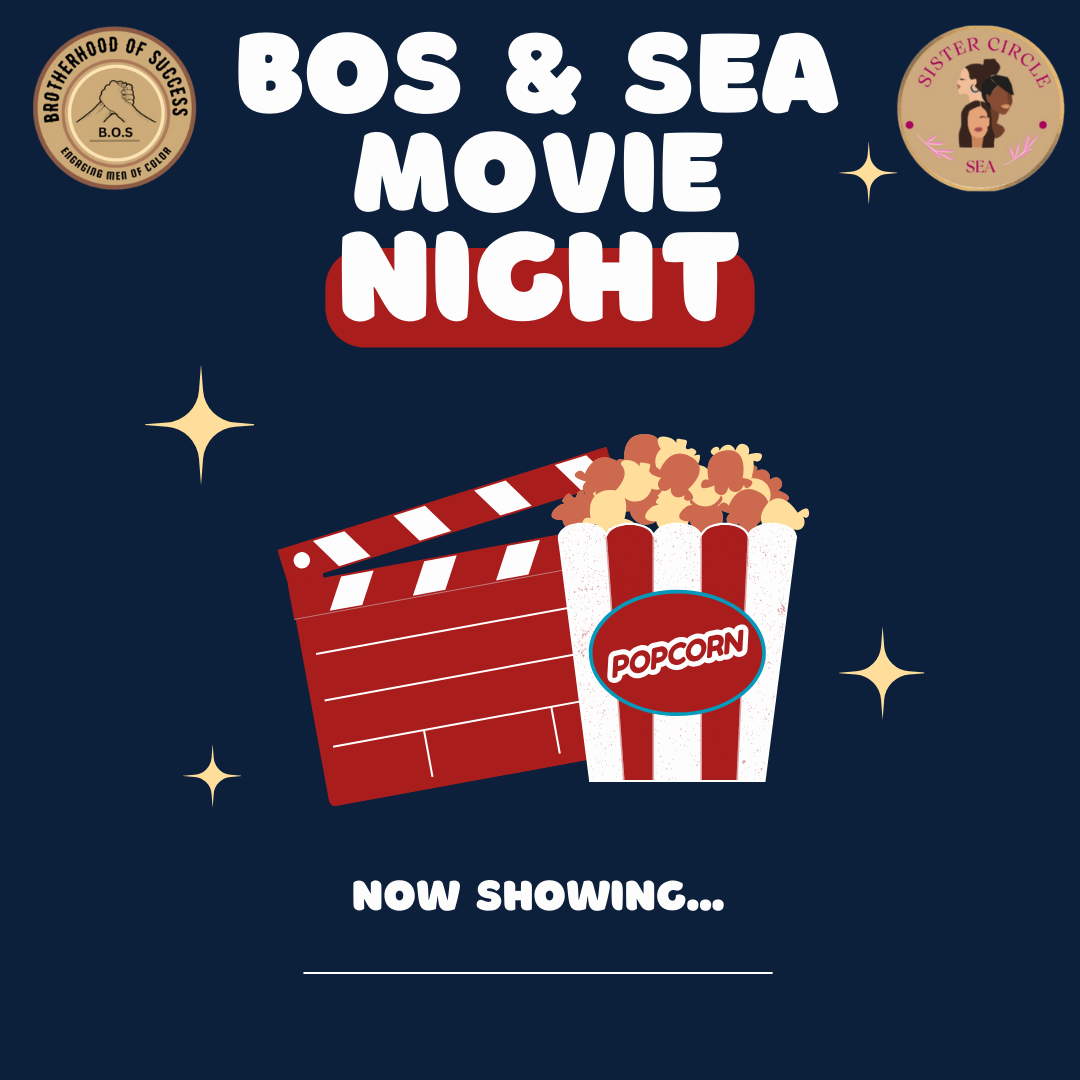 box of Popcorn and red movie slate on top of blue background. title says "BOS & SEA Movie Night"